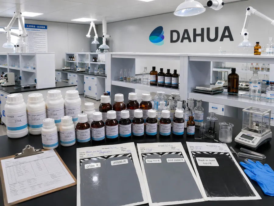 Chemist testing a coating formulation in the Dahua Chemical application laboratory