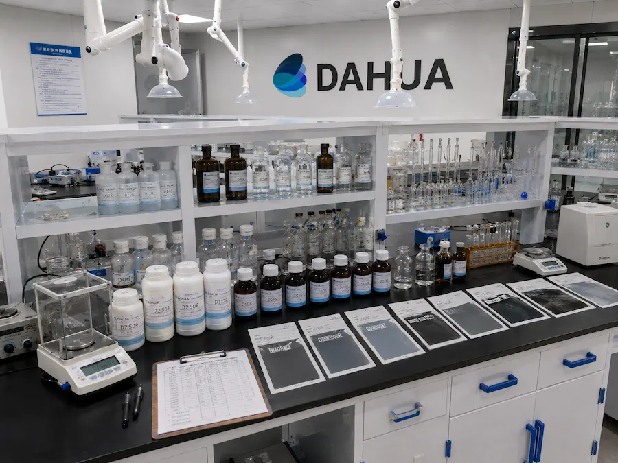 Dahua R&D laboratory bench with formulated additive samples, drawdown panels and the DAHUA wall logo
