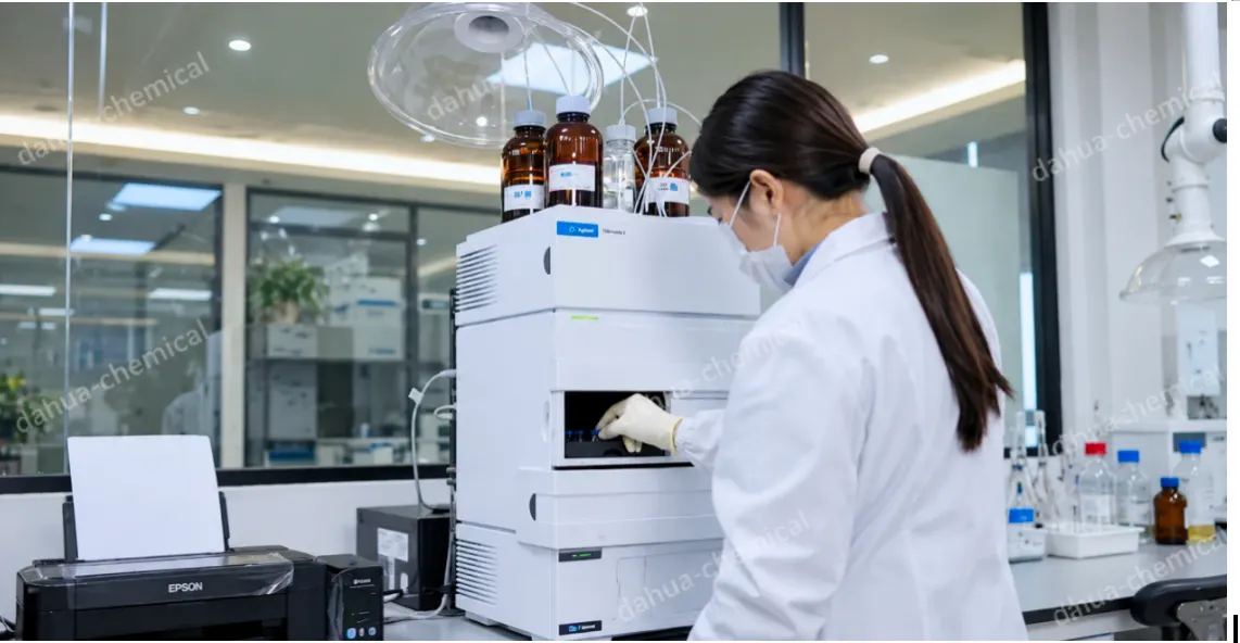 Dahua chemist loading samples into an Agilent HPLC system for additive purity analysis