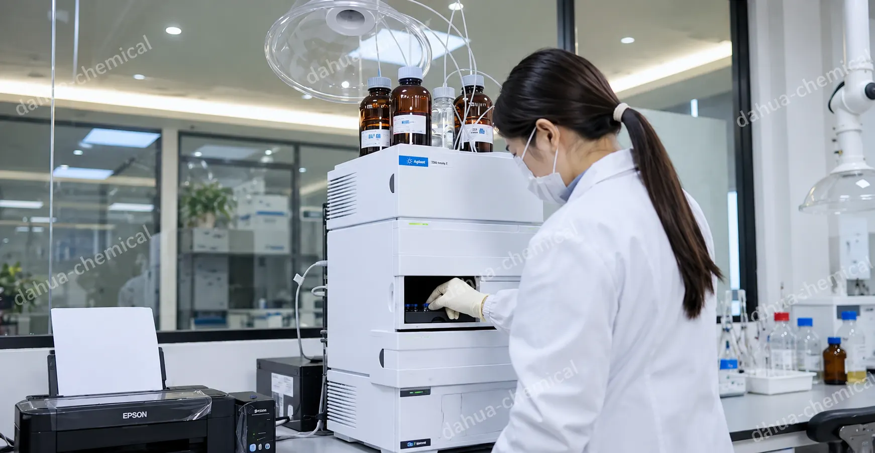 Chemist operating an Agilent HPLC analyser in the Dahua Chemical laboratory