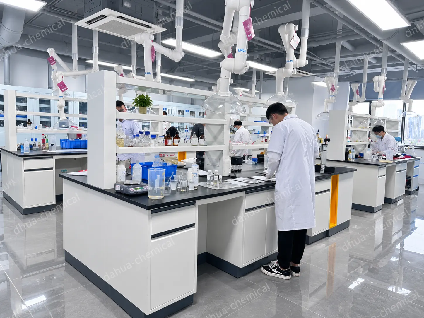 Dahua Chemical testing laboratory with benchtop fume extractors and chemists running formulation tests