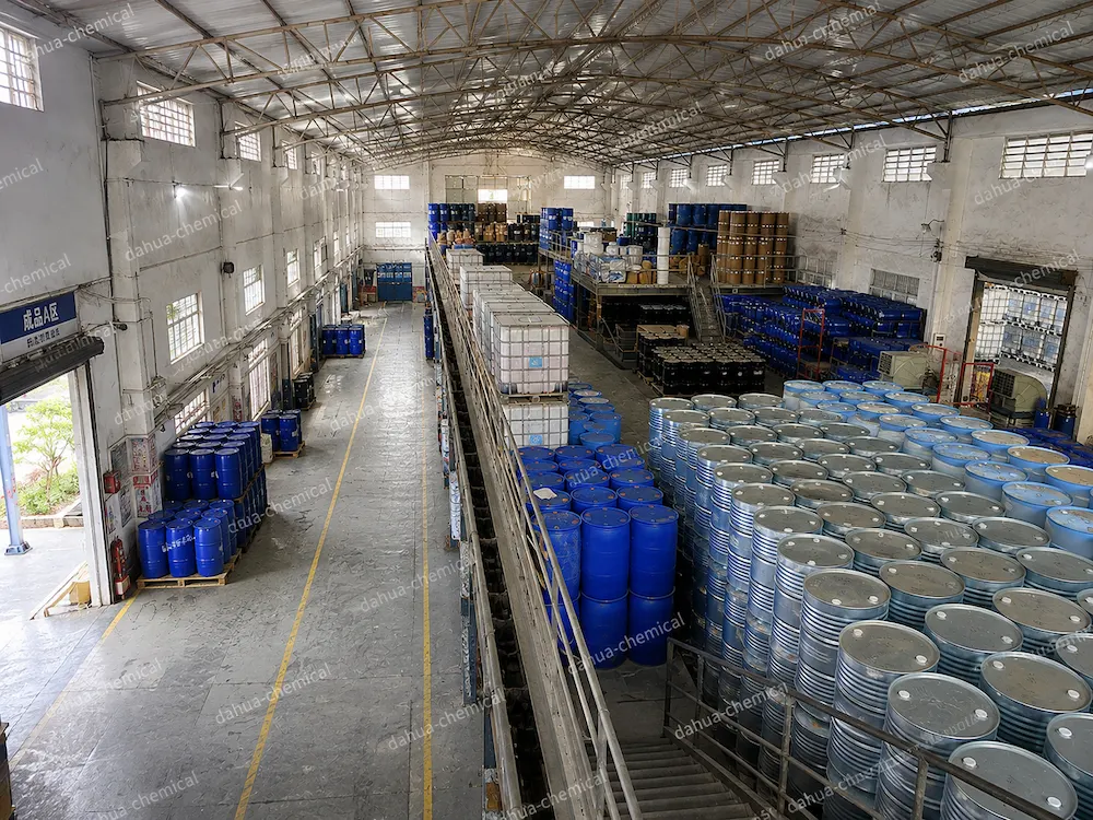 Palletised IBC totes and steel drums in the Dahua Chemical warehouse ready for dispatch